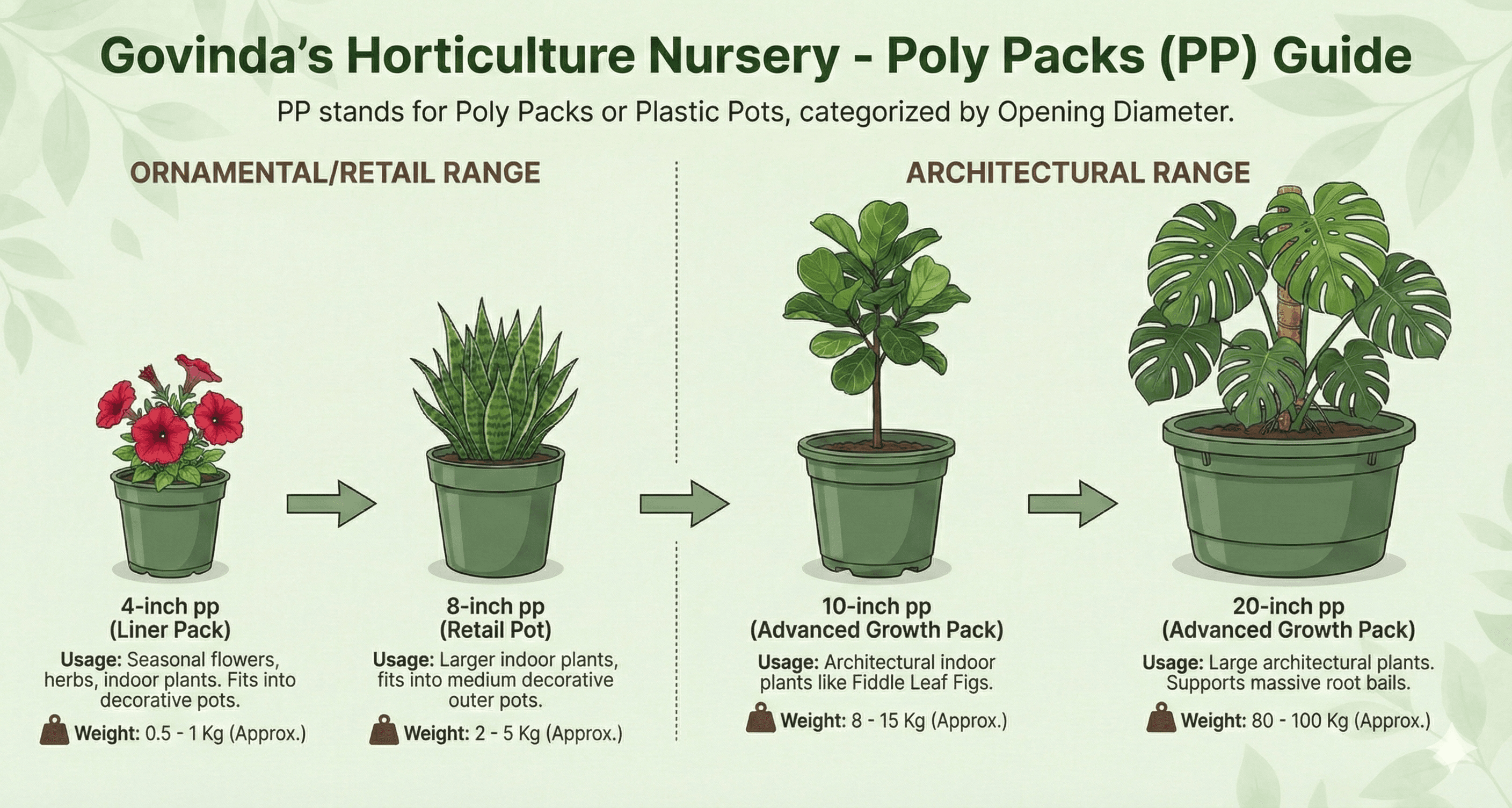 Poly Packs (PP) Guide - 4-inch Liner Pack, 8-inch Retail Pot, 10-inch Advanced Growth Pack, 20-inch Advanced Growth Pack